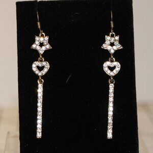 Dangle Earrings w/ Star & Heart Charm and Long Vertical Bar w/rhinestones 2" L